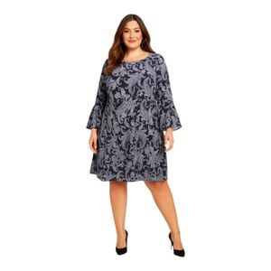 Sami & Jo Blue Blue White Paisley Floral Sheer Bell Sleeve Dress 3X